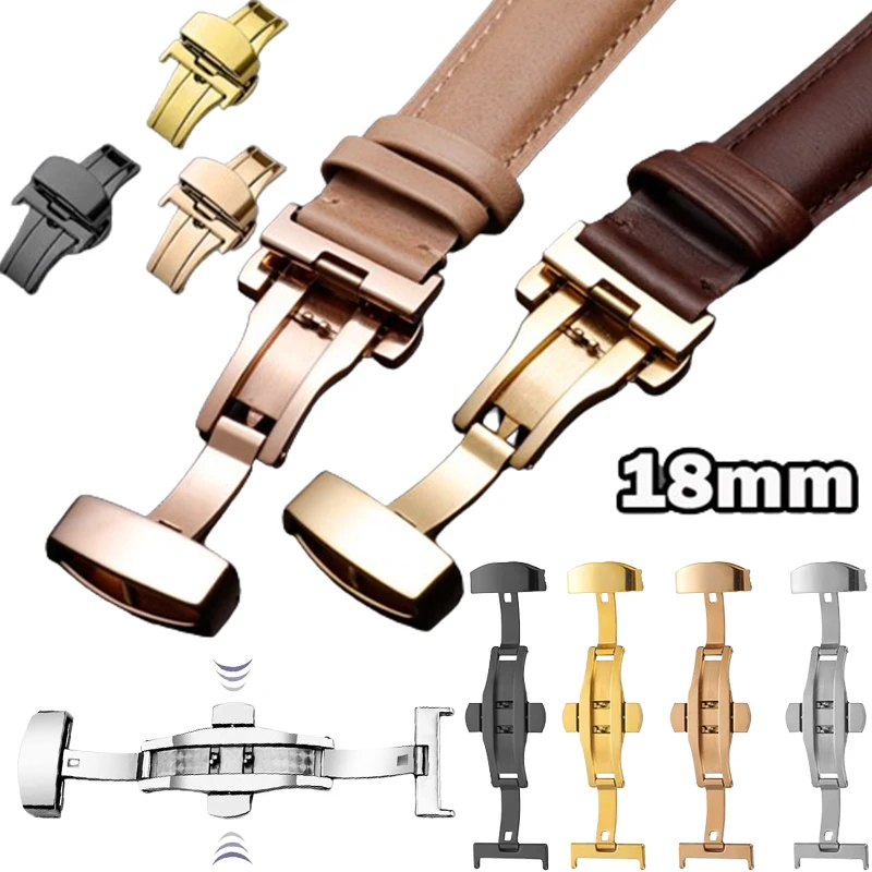 Watch Accessories Double Push Automatic Butterfly Watchband Buckle Steel Folding Clasp Metal Men Women Watch Button 18mm