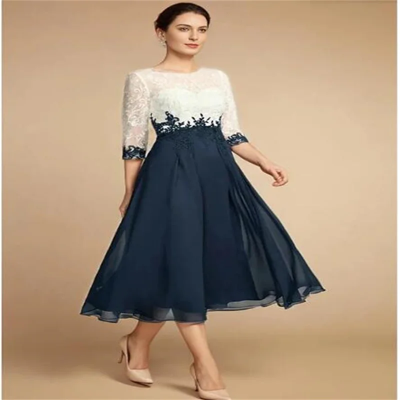 A-Line Luxury Bride Mother Wedding Dress Jewel Neck Tea Length Mother of the Bride Dress Vintage Chiffon Lace Half Sleeve 2024