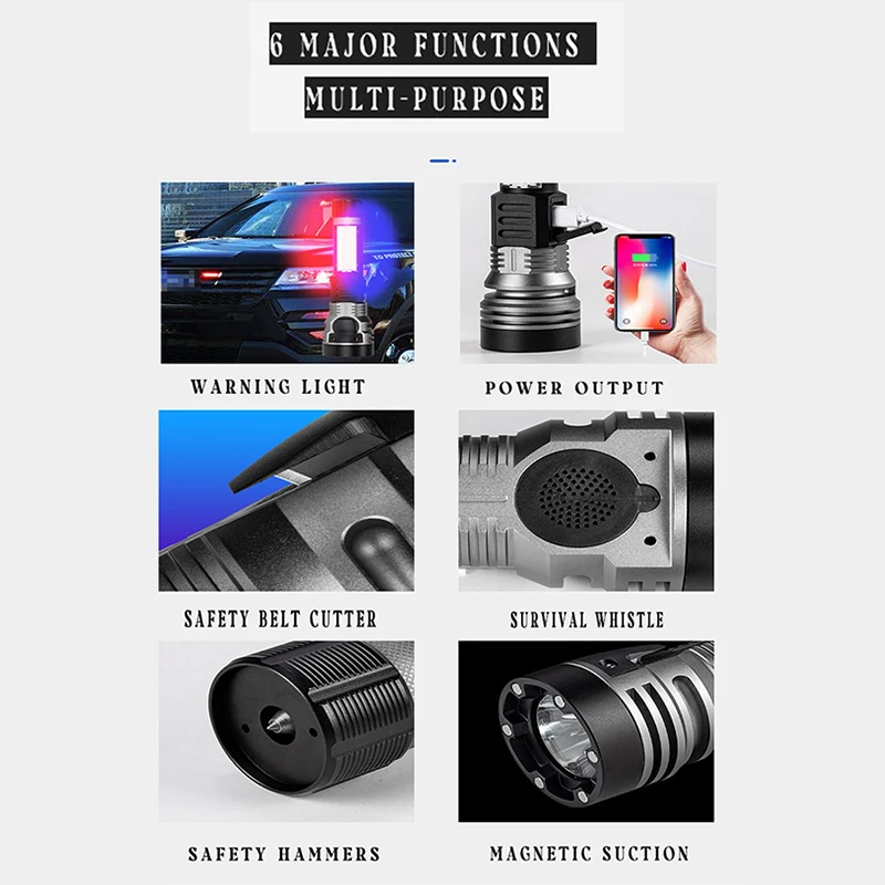 6-in-1 Self Defence LED Flashlight with Magnetic Charging Emergency Light Outdoor Camping Lamp Safety Hammer Tactical Flashlight