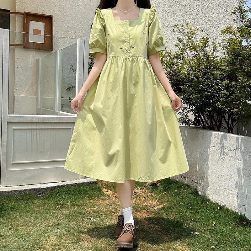 French Square Collar Embroidered Dress Girls' Summer Dress Students' Sweet First Love Dress Japanese Sweet Loli