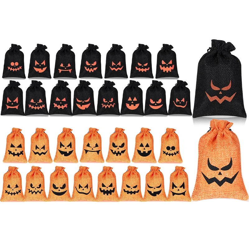 

16pcs Pumpkin Burlap Drawstring Gift Bags Spooky Candy Bags for Kids Boys Girls Trick or Treat Halloween Party Decorate Supplies
