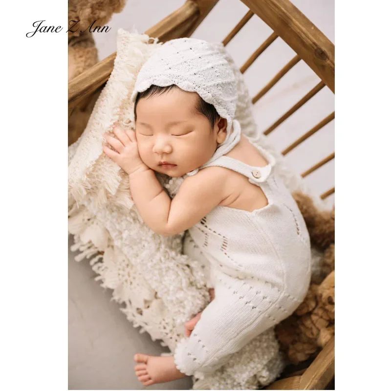 Newborn baby photo props white knitted diamond long tail bonnet +pants boys girls infant outfits