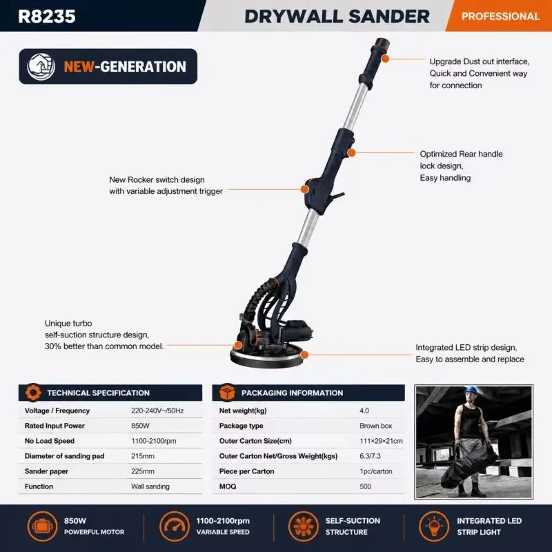 Electric Drywall Sander ODM/OEM 215mm Variable Speed Wall Sanding Machine with Dust Collection & LED Light DIY Extra Coarse Grit