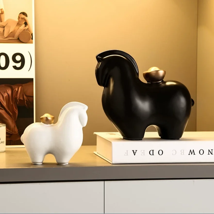

2Pcs/LuckyHorseFortuneCeramicStatue - MiniWealthDecor for DeskLivingRoom & Office NewBusinessGift withGoldAccentsGoodLuck Decor