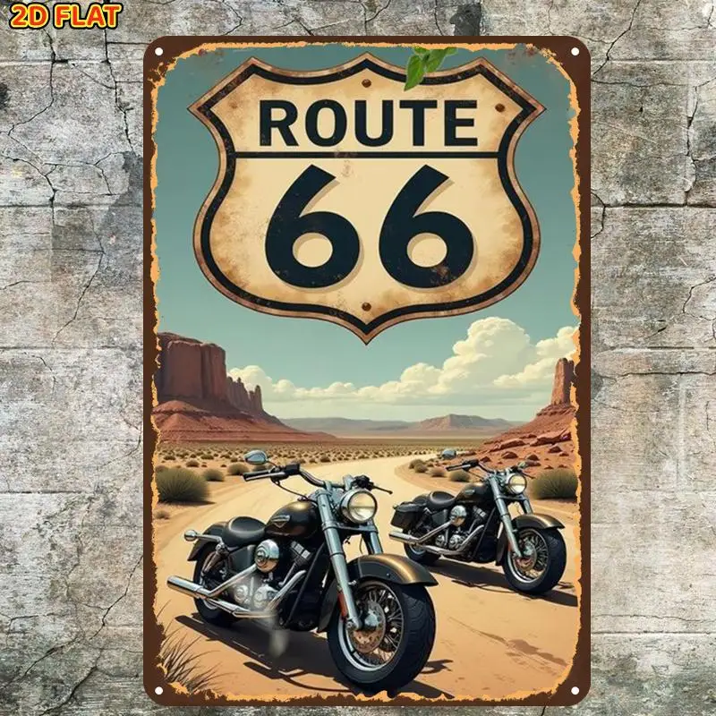 2D Flat, 1pc, Retro Vintage Route 66 Motorcycle Travel Poster Metal Tin Sign, Pre-Drilled Holes  Office, Toilet Decoration