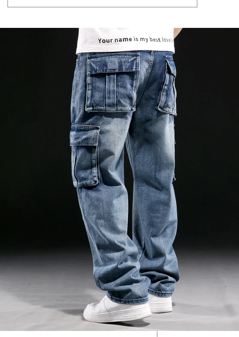 Wide Leg Pant Distressed Cargo Jean Men Jeans Washed Denim Patchwork Solid Full Length Pants Loose Pockets High Street 2025 - Image 6