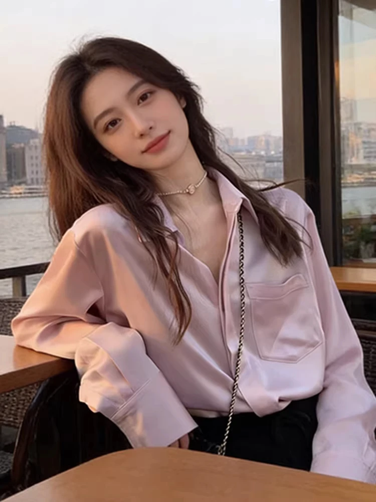 

Pink Silk Long Sve irt Women's Spring Autumn Loose Fit Collarl Versatile Top Korean Sle Commute Faion Casual Wear