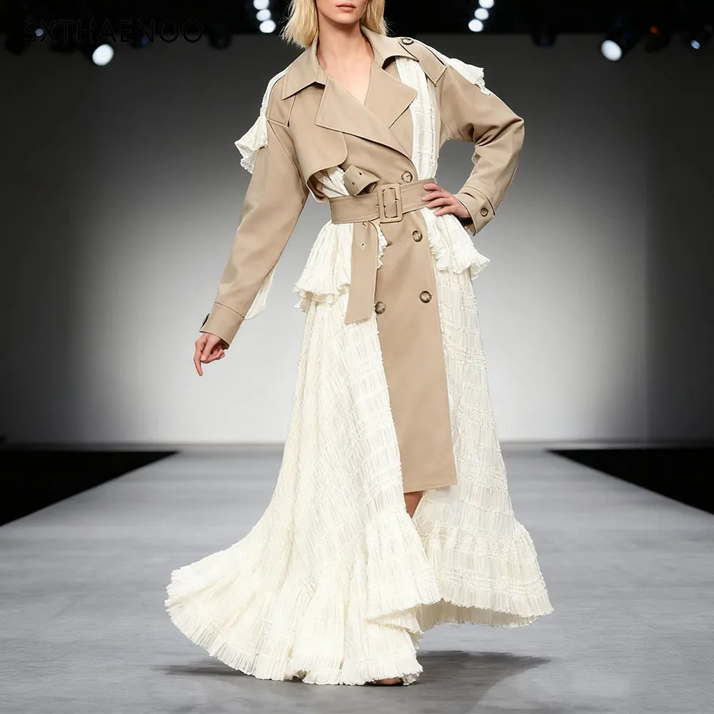 

SXTHAENOO женский длинный плащ цвета хаки с кружевными оборками, большой размер, новый ветровка с лацканами и длинными рукавами, модное пальто весна-осень 2025