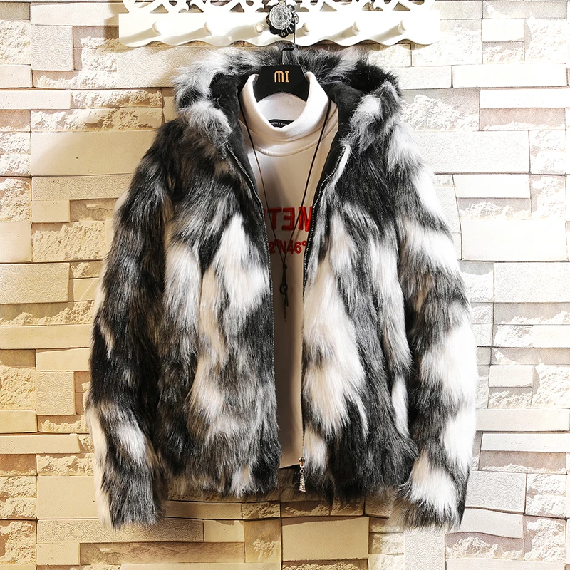 

Winter Men's Plush Thick Coat 2025 New Fashion Trend Hooded Faux Fur Jacket Hip-hop Slim Fit Men's Casual Coat Size 5XL-M