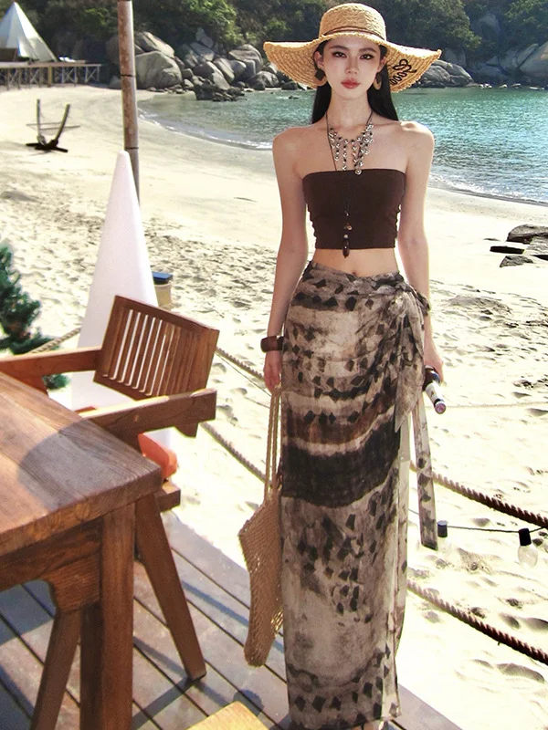 

Sexy Lazy Vacation Style Camisole Tank Top Asymmetrical Half Skirt Two Piece Set Women's Travel Outfit Short Sleeve Slim Fit