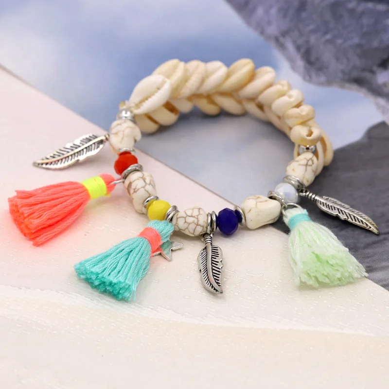 Boho Handmade Jewelry Bracelet for Women Girls Shell Tassel Stone Bead Alloy Leaf Star Pendant Female Accessories Charm Bracelet