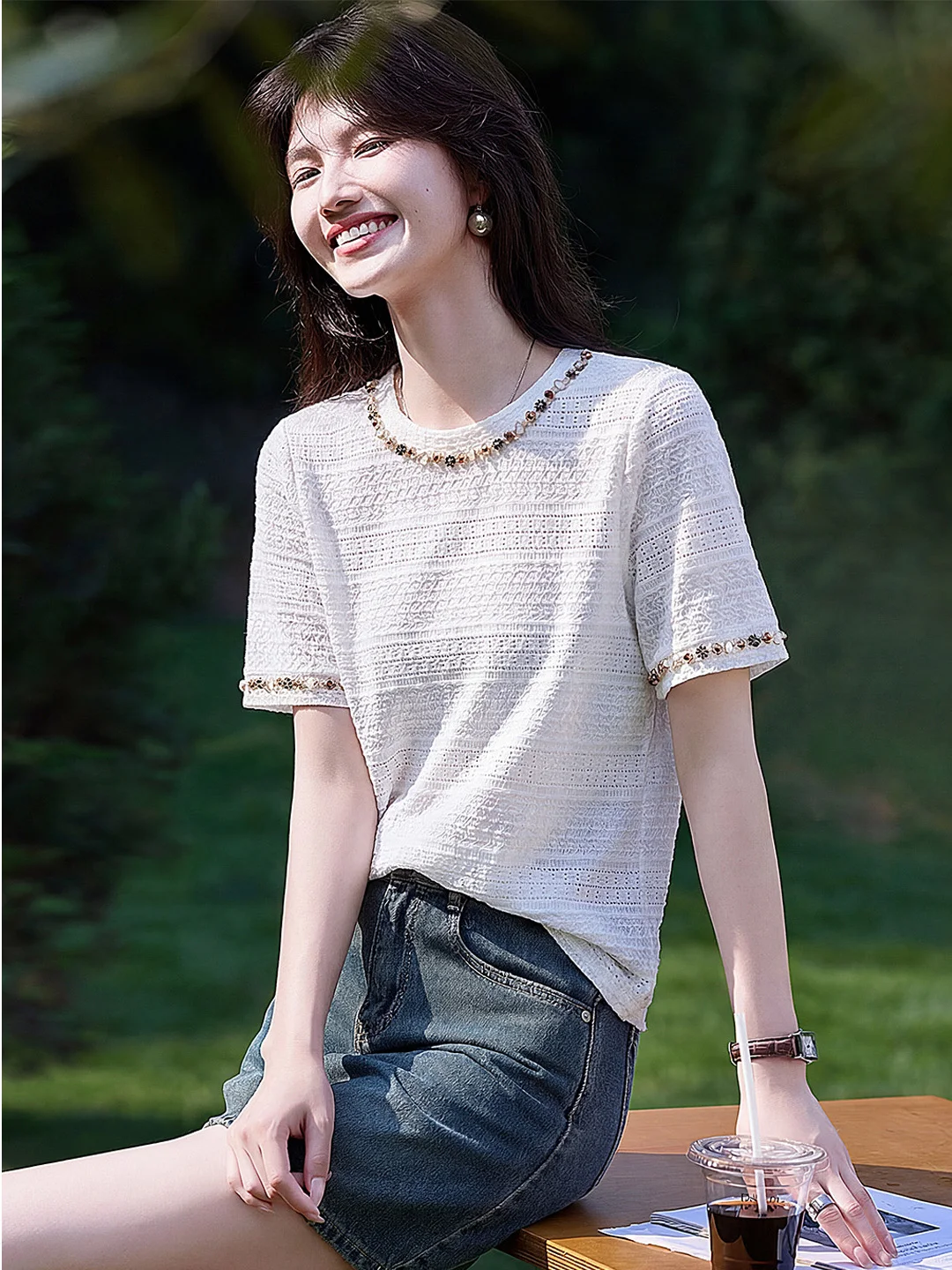 

Loose round Neck Short Sleeve T-Shirt Women's Knitted Hollow out Casual Top Breathable Comfortable Polyester Summer New Arrival