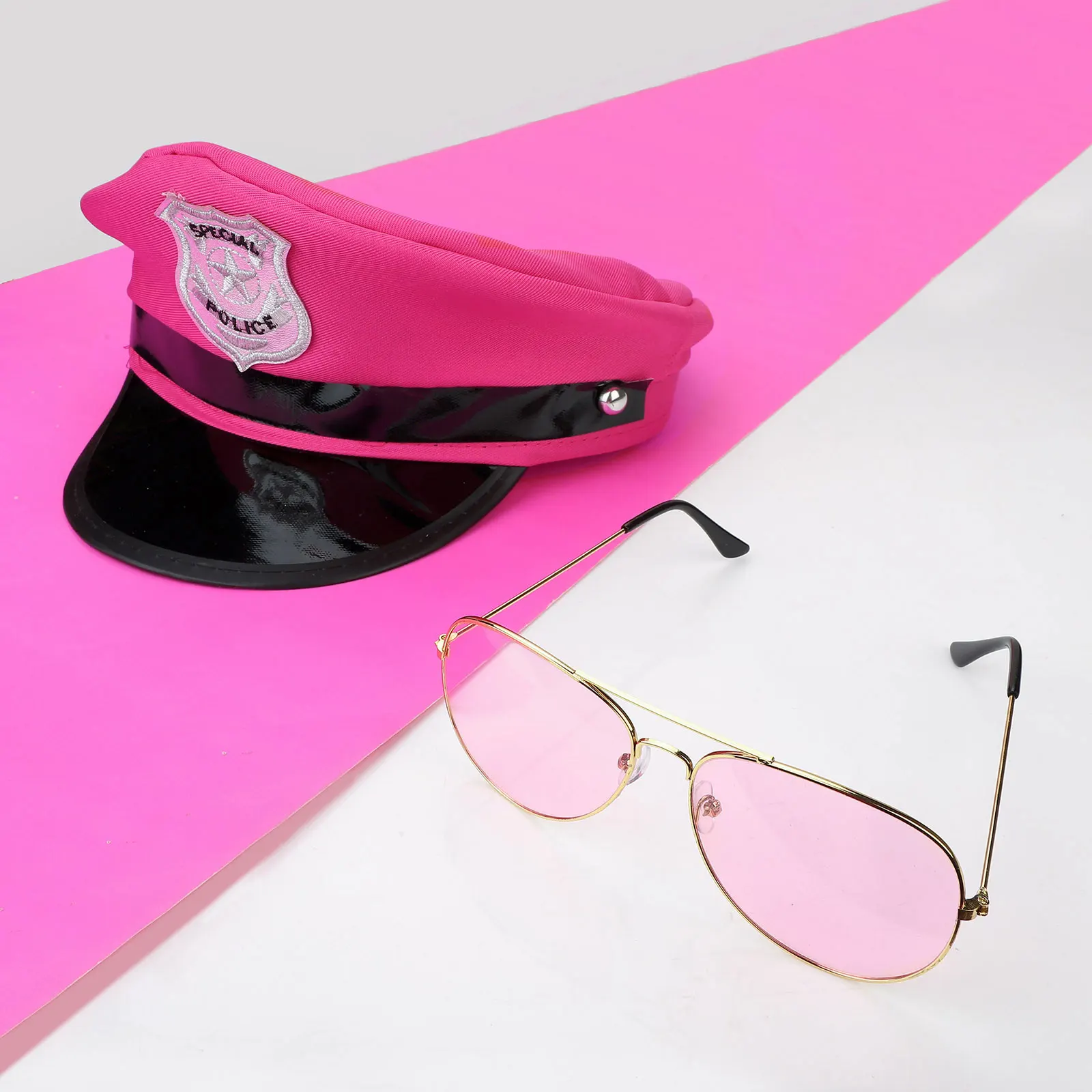 Damski kapelusz policjantki zestaw rekwizytów do cosplay kapelusz z odznaką i metalowa rama akcesoria do okularów na bal przebierańców z okazji Halloween