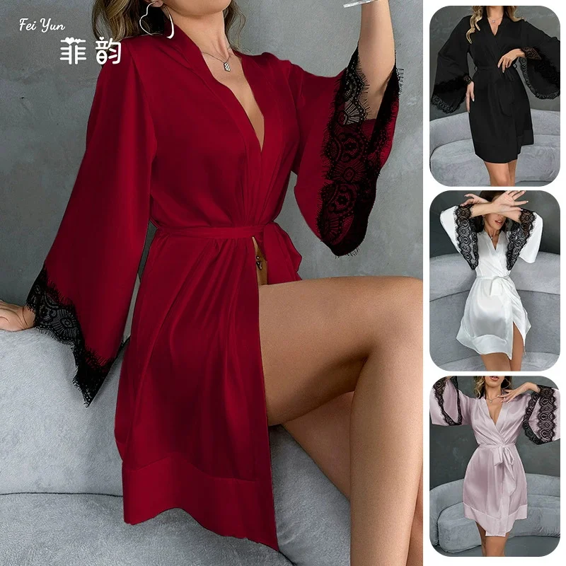 

Spring Summer New Female Robe Loungewear Sexy Lace Trim Kimono Bathrobe Gown Lingerie Loose Satin Home Dressing Gown Sleep Wear