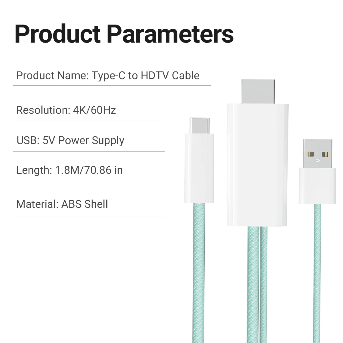 4K60Hz USB C To HDMI Cable, 1.8m/70.86in Type-C to HDTV Cable Support 5V Power Supply Compatible For MacBook, IPad, IPhone 15