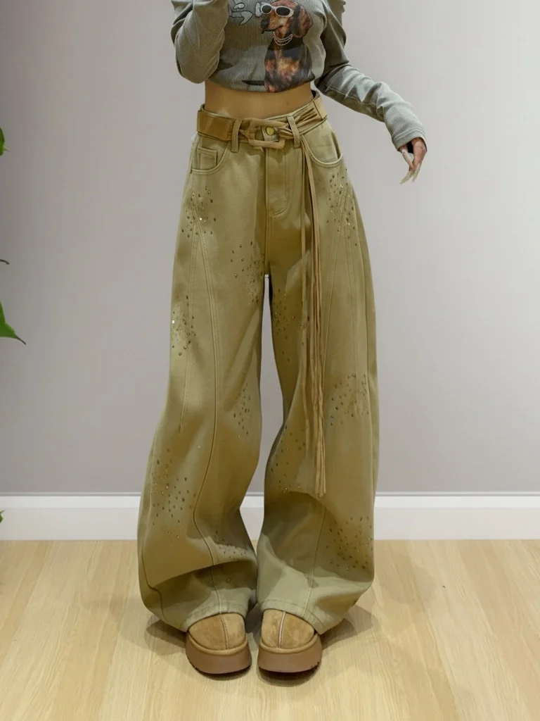 

Spring High Waist Wide Leg Denim Jeans Women's Premium Feeling Heavy Embellied Sequin Embroidery Casual Sle Blue Jeans