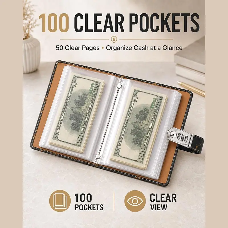 Savings Binder 100 Clear Pockets Large Capacity 3 Digit Password Lock Cash Envelope Storage Wallet Savings Personal Money Goals