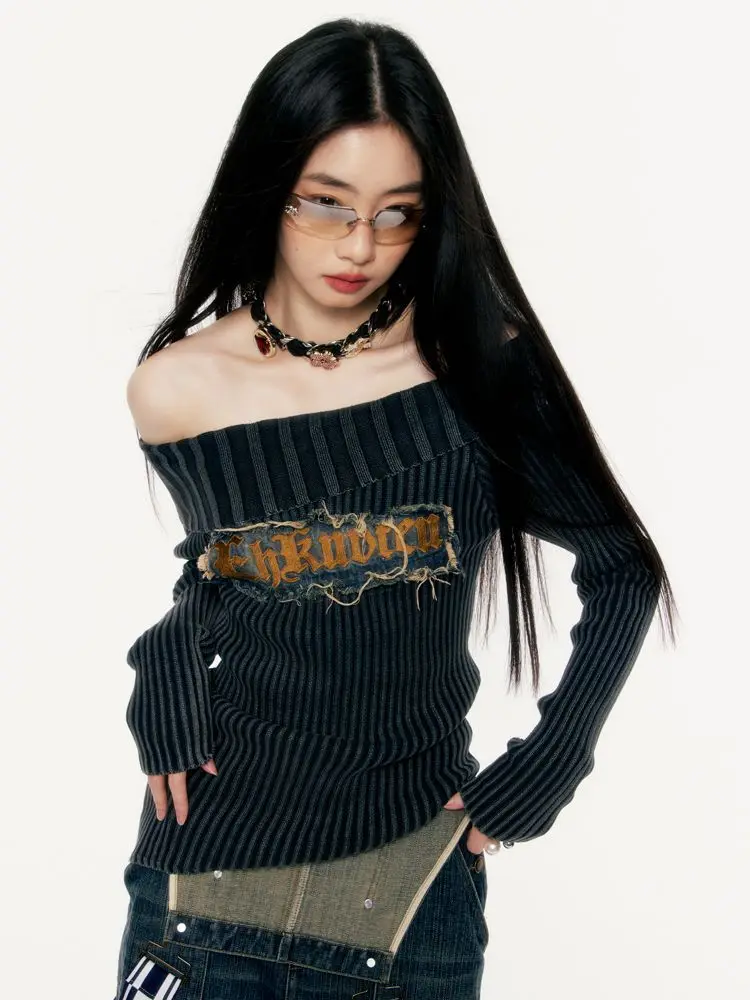 Female Slim Y2k Clothes Slash Neck Long Sleeve Striped Patchwork Letter Print Pullovers Vintage Harajuku Spring Autumn Sweaters