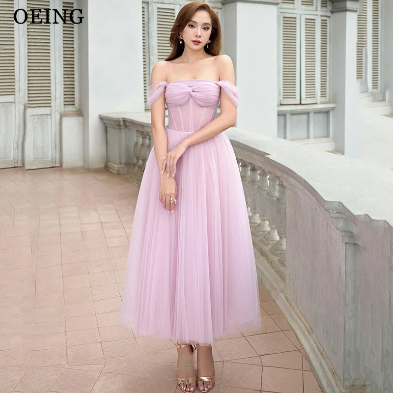 

OEING Elegant Pink Tulle Prom Dresses Off The Shoulder A-Line Evening Dress Sleeveless Tea-Length Formal Gowns 2024 Customized