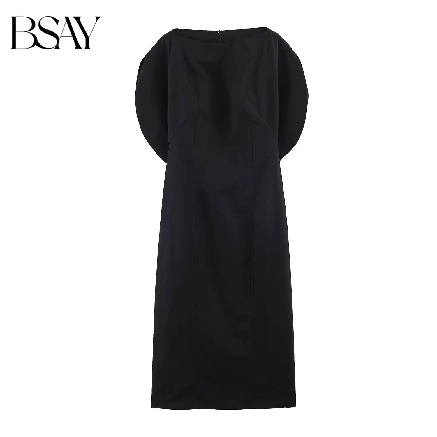 BSAY 2026 Women Elegant Solid Black Midi Dress Boat Neck Petal Cap Sleeve Back Zipper Slim Bodycon Office Evening Party Dress