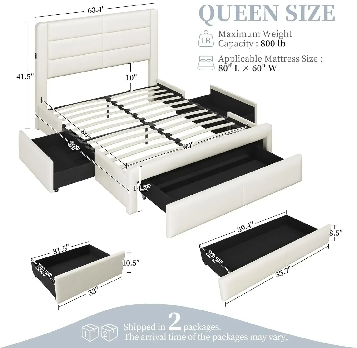 Queen Size Bed Frame with 2 USB Charging Station/Port for Type A&Type C/3 Storage Drawers, Leather Upholstered Platform Bed