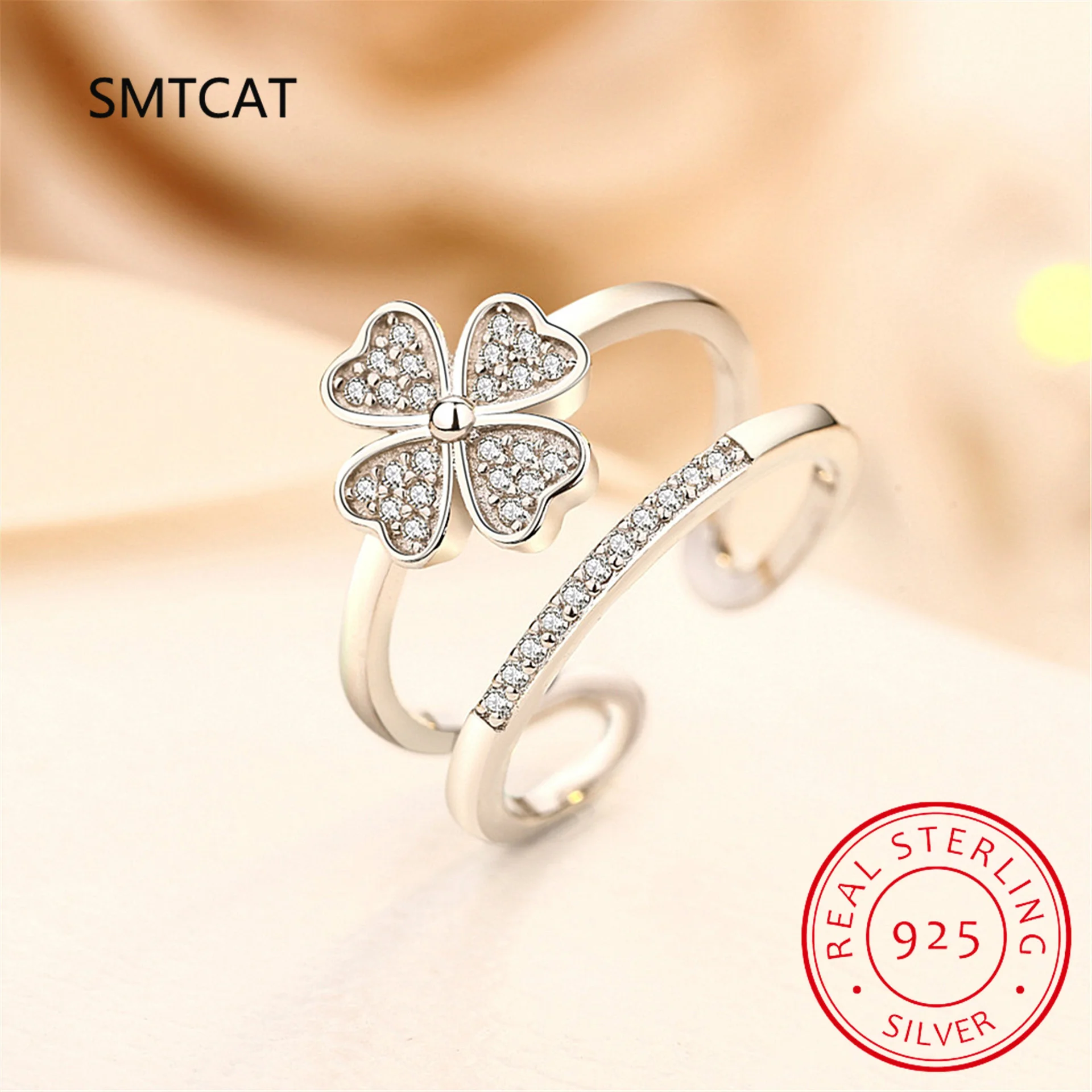 925 Sterling Silver Double Layer Lucky Four-leaf Clover Ring for Women Birthday Gift Pave Setting CZ Fine Jewelry BSR399