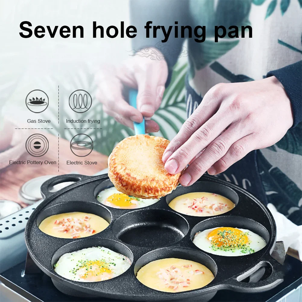 7 Hole Skillet Omelet Pan Cast Iron Non-Stick Egg Pie Frying Takoyaki Pan Omelet Pancake Breakfast Maker for Gas Stove Induction