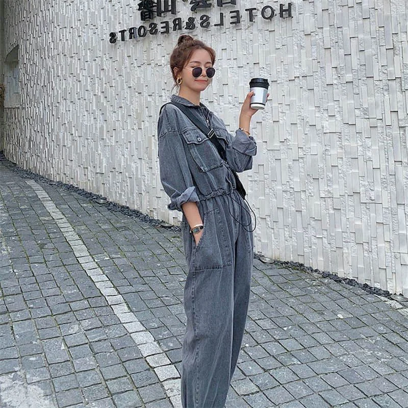 Denim Jumpsuits for Women Long Sleeved Korean Style Harajuku Overalls One Piece Outfit Women Rompers Casual Vintage Playsuits