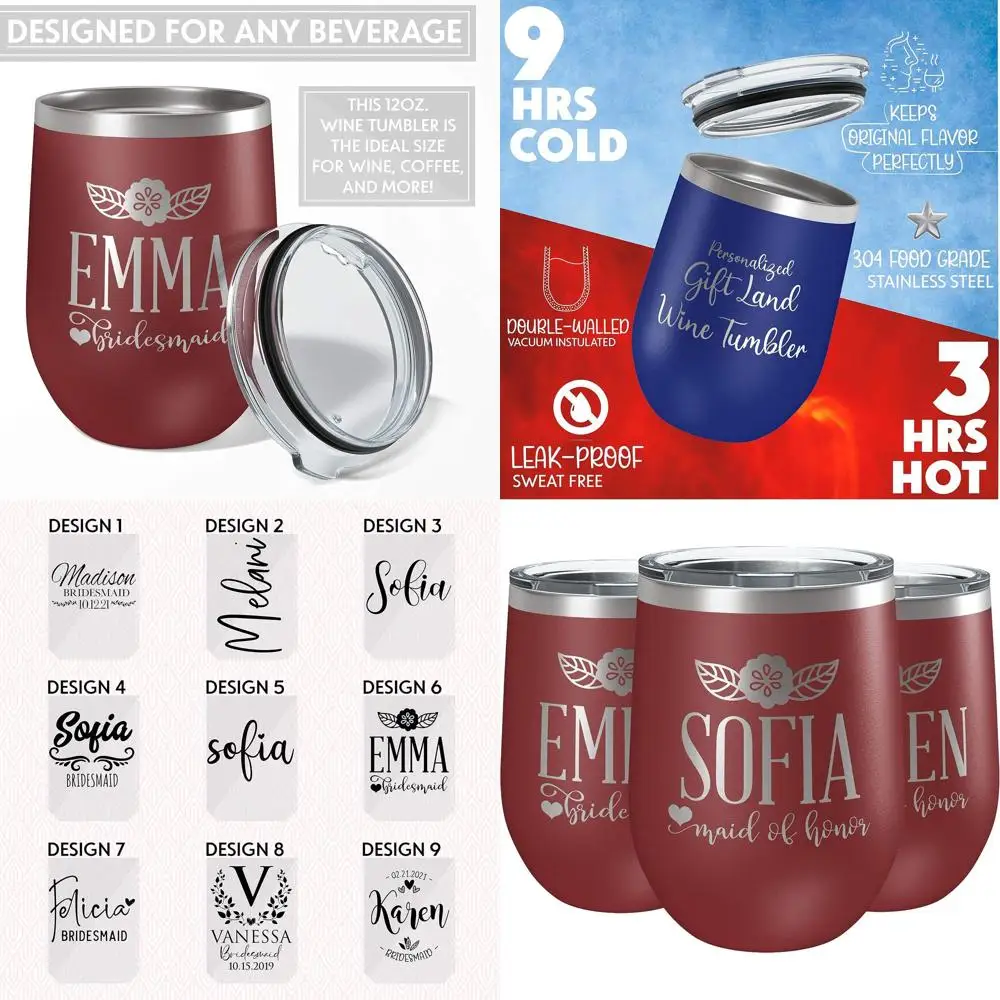 

Набор персонализированных бокалов для вина без ножки, 3 шт., 350 мл, с крышками – идеально для девичника и свадебных подарков