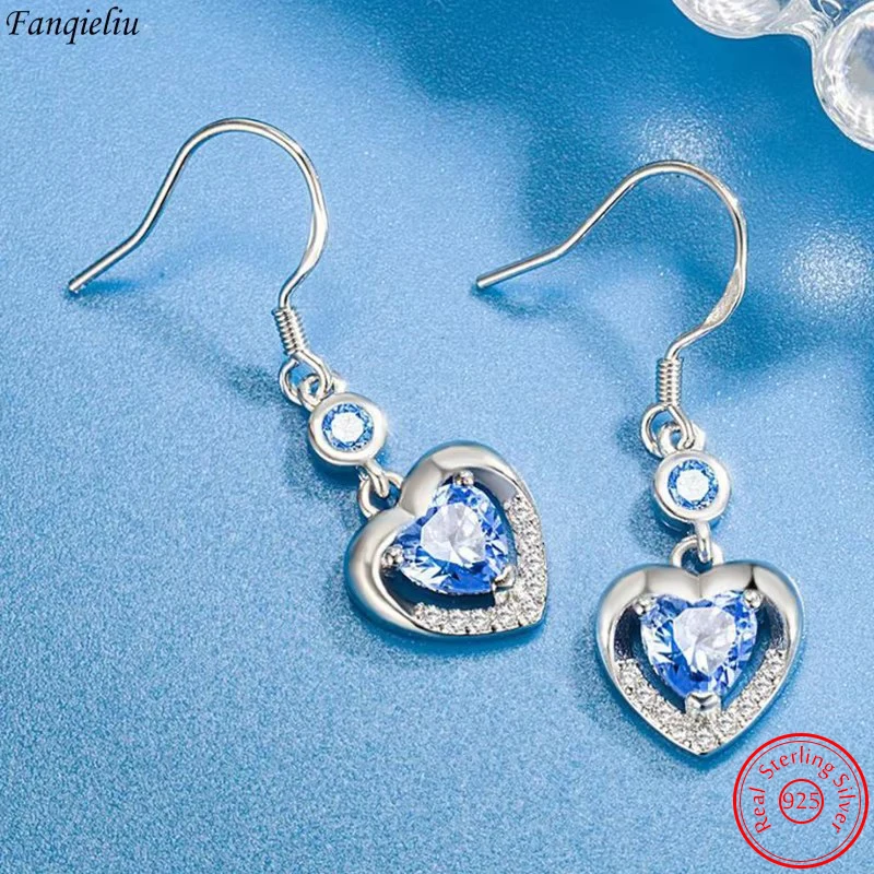 

Real 925 Sterling Silver New Original Jewelry Fashion Crystal Heart Drop Earrings For Women FQL23544