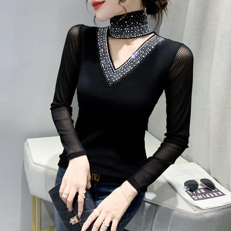 

Turtleneck Bottoming Shirt Ladies Autumn Winter Fashion Diamonds Long Sleeve T-Shirts Interior Lapping Sexy Net Yarn Top Tee