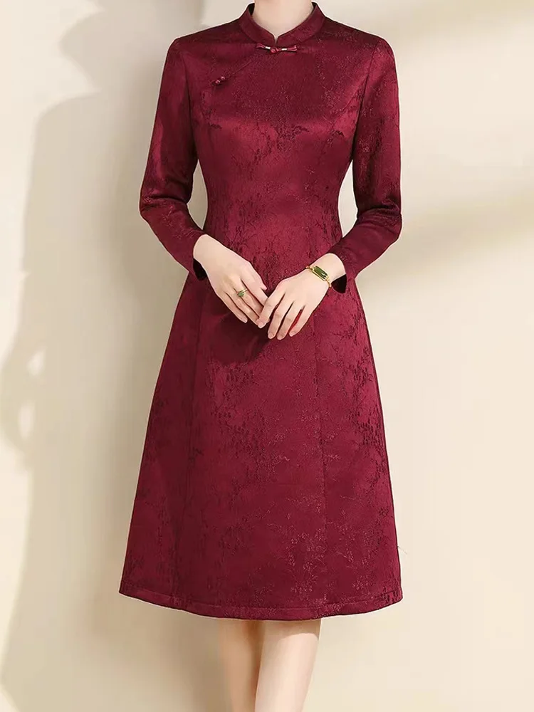 EVNISI Elegant Women Wine A-line Dress Long Sleeved Chinese Style Cheongsam Spring For Women Casual Office Vestido 2024