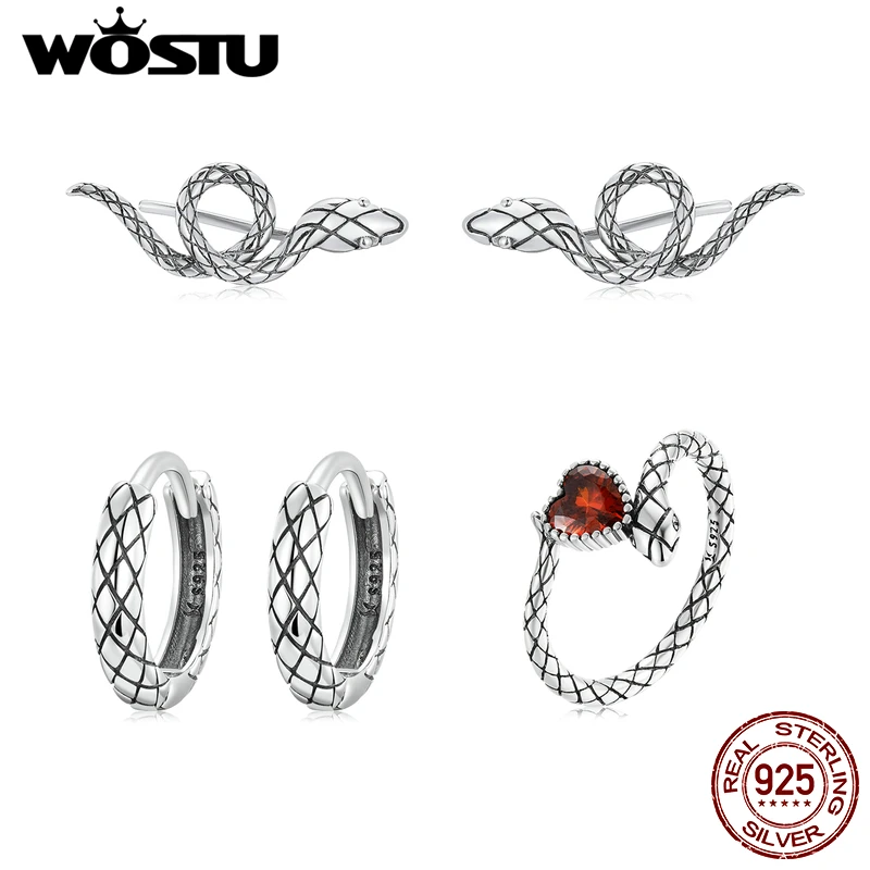 

Wostu 3pcs Set Silver 925 Sterling Ring Snake Pattern Earring for Women Zircon Party Stackable Wedding Fashion Jewelry Gift