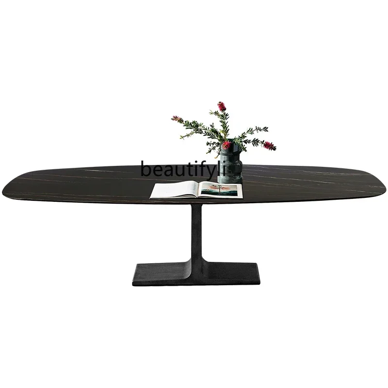 

New Italian minimalist rock slab dining table and chairs creative household 4/6 people rectangular dining table combination
