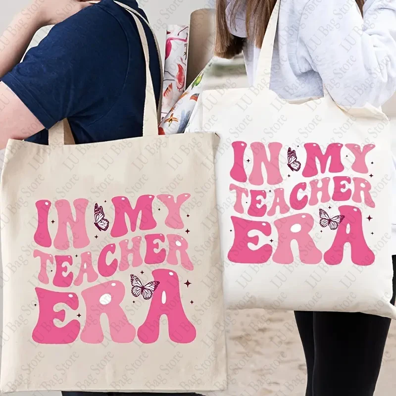 In My Teacher Era Pattern Canvas Tote Bag for Teachers Simple Shopper Bag Versatile Lightweight Storage Bags Teacher Gift Bags