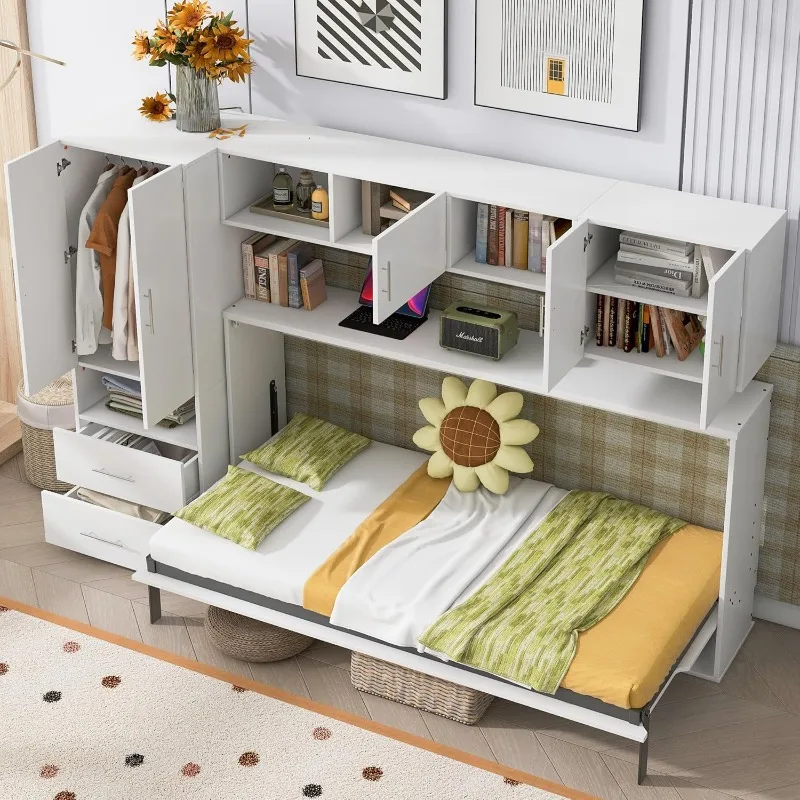 سرير توأم ميرفي مع خزانة ملابس وطاولة، لون أبيض موفر للمساحة #2