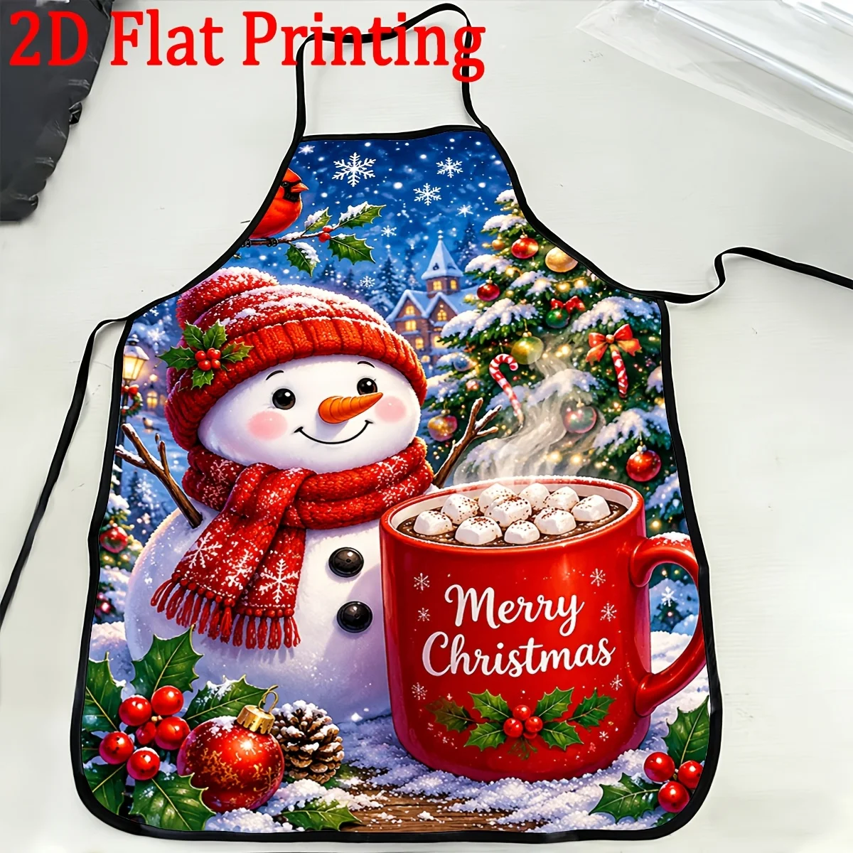 Cute Snowman Christmas Apron, Hot Cocoa and Xmas Tree Graphic Cooking Bib, Festive Kitchen Decor, Holiday Gift for Women