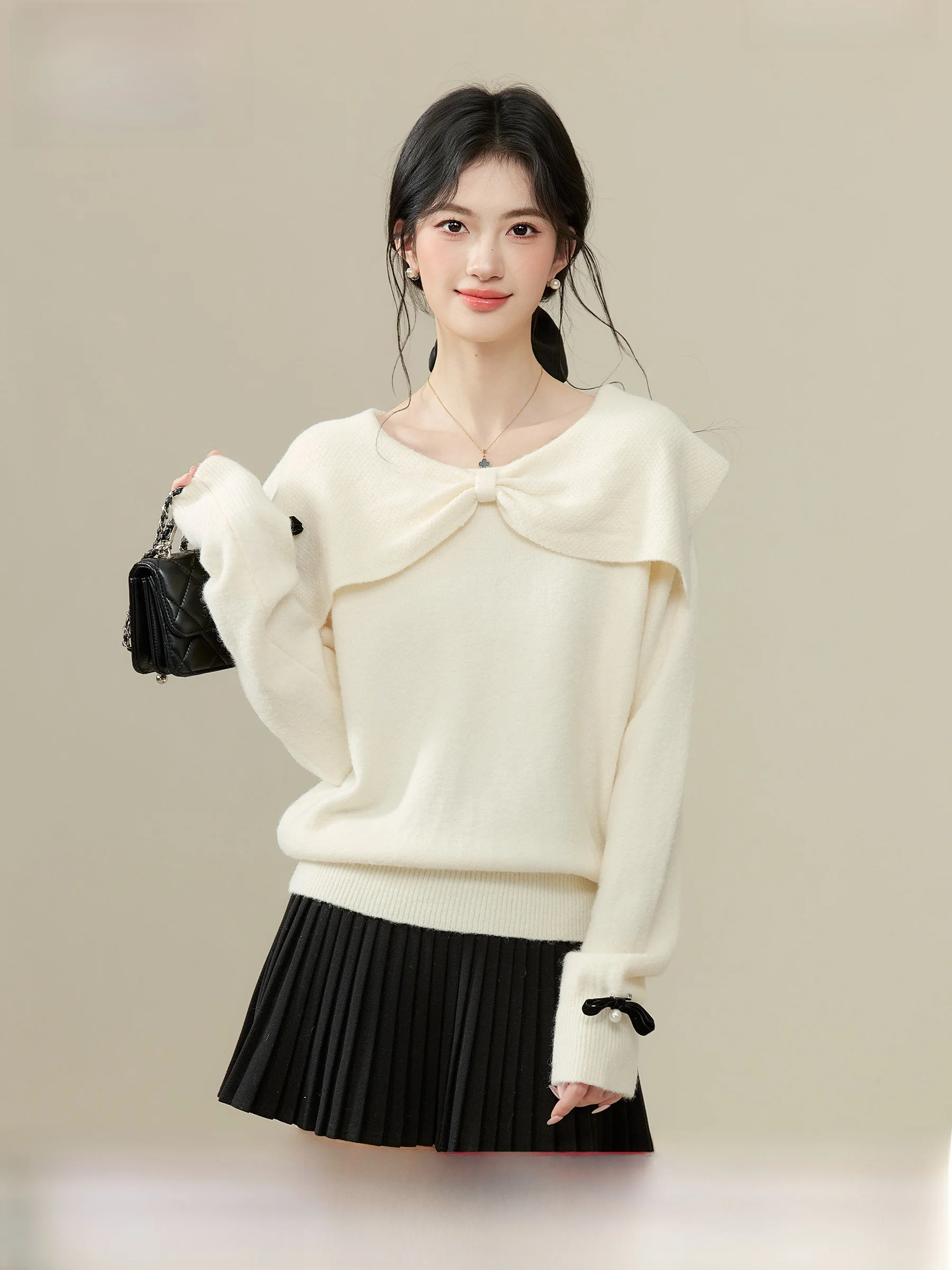 

Женский вязаный свитер с длинным рукавом, весенний, модный, с бантом, теплый, комфортный, эластичный, антибактериальный, с цветной застежкой, без подкладки