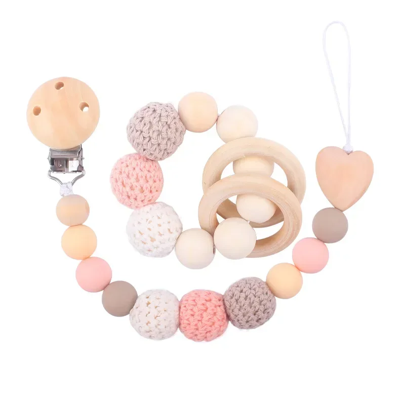 1-2pcs Baby Pacifier Clip Wooden Teethers Bracelet Set Silicone Beads Babies Soothe Nipple Teething Toys Anti-lost Chain Newborn