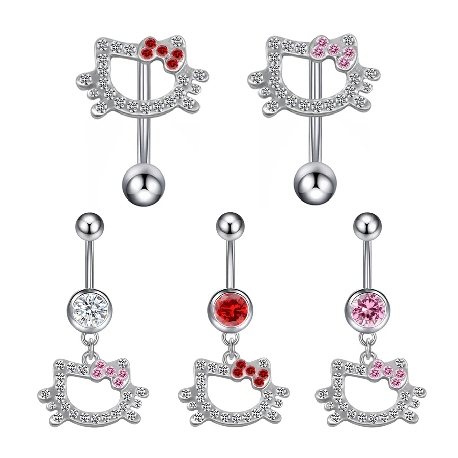1Pc Belly Button Ring For Women Trendy Pink Butterfly Cute Cat Design Sexy Fashion Navel Rings Stainless Steel Piercing Jewelry