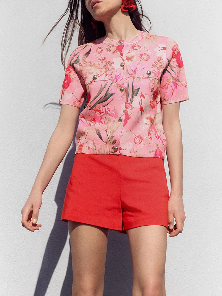 

Summer 2025 Women's Versatile Slimming Floral Print Knitted ort Sve Jaet Casual Ethnic Sle Stage Performance Outerwear