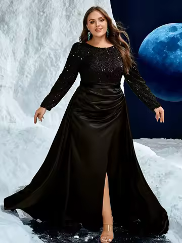 UNITHORSE Plus Size Round Neck Sequin Patchwork Satin Pleated Decor Shiny Luxury Evening Dress