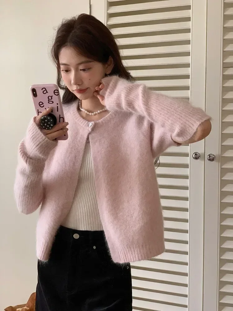 

Sweet Pink Women Sweater Cardigan Korean Style Old Money Elegant Autumn Outerwear Coquette Casual Puff Sleeve Knitwear