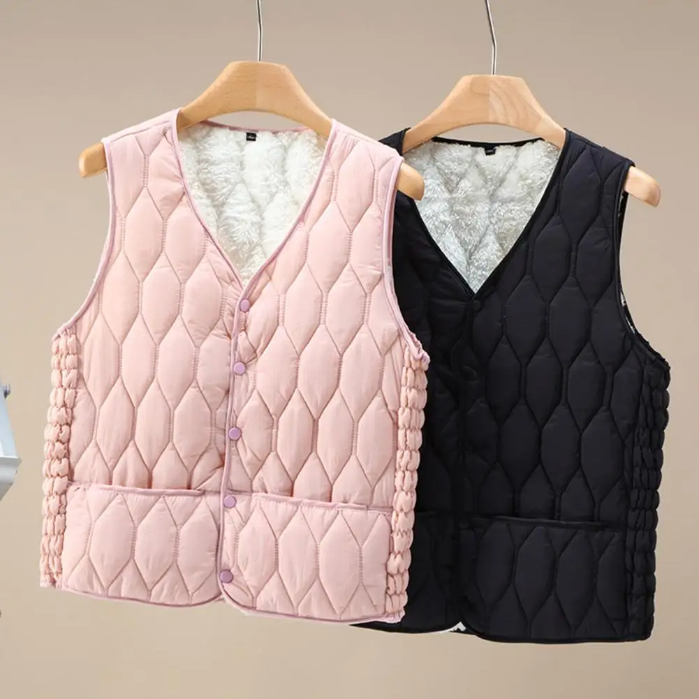 

Women Vest Thick Padded Plush V Neck Sleeveless Solid Color Single-breasted Soft Warm Windproof Autumn Winter Lady Waistcoat