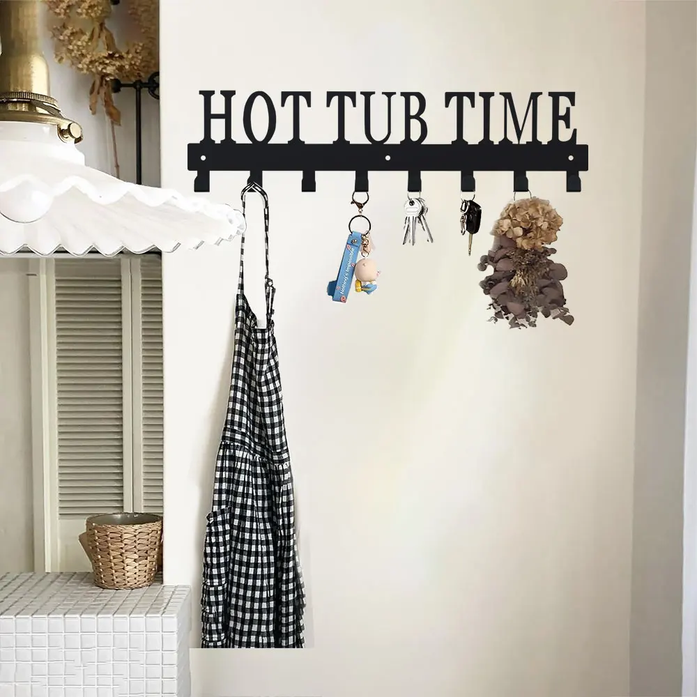 2D 1pc Black Wall Mounted Towe Rack with 8 Hooks for Towels, Cloaks, Coats, Hot Tubs, Outdoor, Hotel, Spa