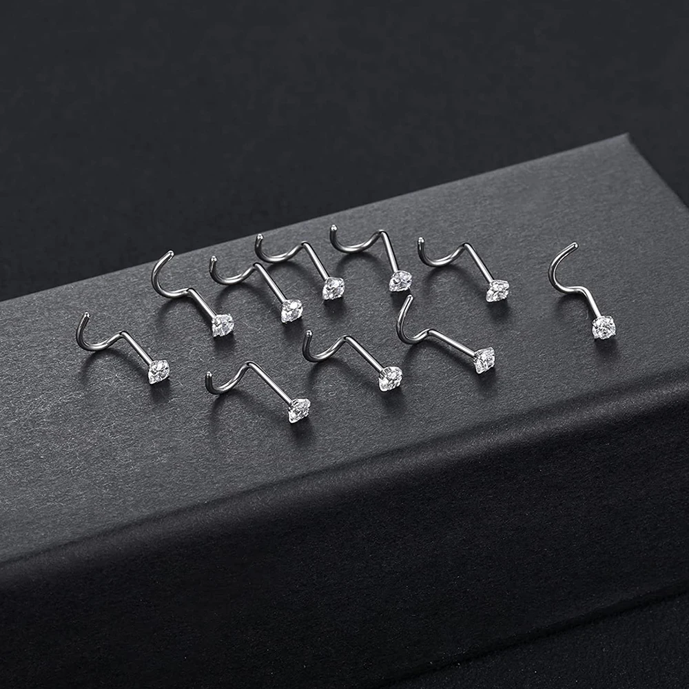 Stainless Steel Nose Rings Stud Set for Women Men Screw Nostril Piercing Jewelry 1.5mm 2mm 2.5mm 3mm Clear CZ Ball Flat