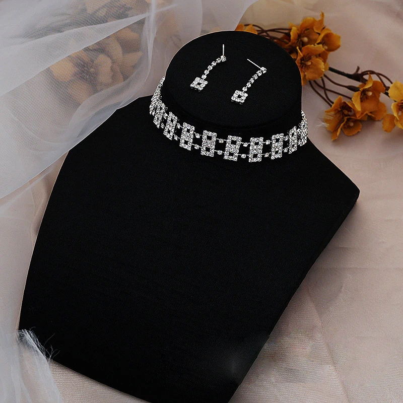 ZANLLOY Fashion Rhinestone Geometric Choker Necklace Earrings Ladies Party Bridal Crystal Wedding Jewelry Set