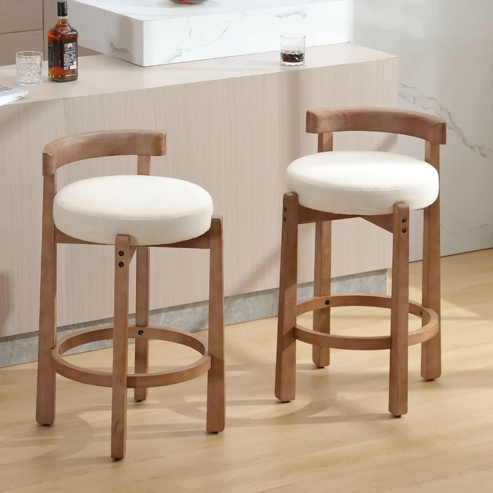 

Modern Bar Stools Set of 4, 26"Counter Height Stools, Armless Round Wood Barstools Kitchen Island Stool with Linen Seat for Home