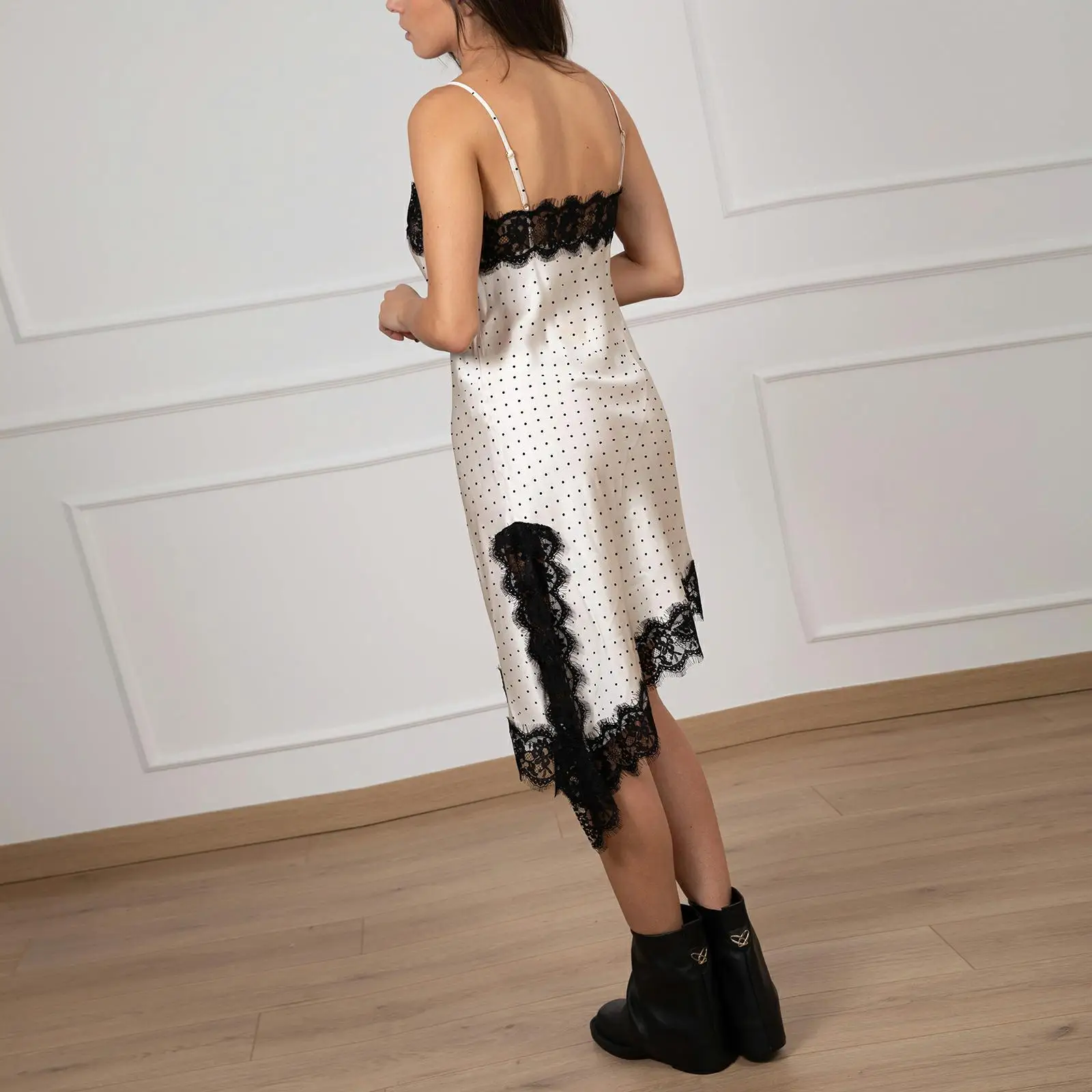 Combhasaki Women Mesh Sheer Floral Lace Trim Patchwork V-Neck Satin Silk Dotted Irregular Side Slit Hem Y2k Cami Slip Midi Dress