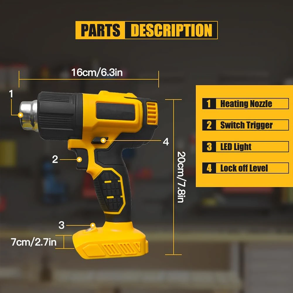 Cordless Heat Gun Hot Air Gun for Makita Dewalt 18V Battery 572℉-1022℉ Adjustable Temperature Heat Shrink Gun Soldering Blower